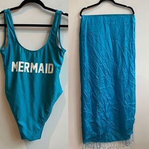 Private Party Teal ‘Mermaid’ One Piece Swimsuit w/ matching silk sarong - M/L